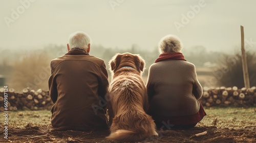 Cute senior elderly couple with loyal dog. Bond of lifelong love and companionship they share. Aged happy pet symbolizes the important aspects of life  loyalty, love, and togetherness.