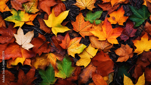 Autumn leaves in many colors on the forest floor
