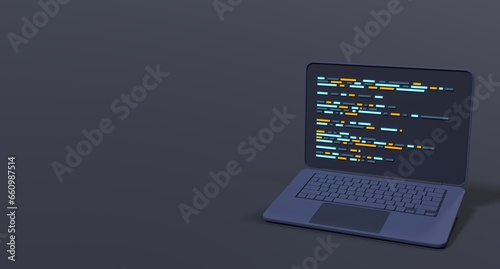 3d laptop and program code development. Web coding concept. Coding screen 3d rendering. 3d rendering of laptop. 3d render illustration