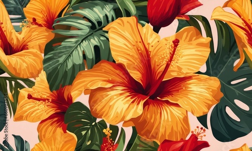 Tropical seamless pattern with hibiscus flowers, beautiful palm, banana leaves. Hand-drawn vintage 3D illustration. Glamorous exotic abstract background art design. Good luxury wallpapers,GenerativeAI