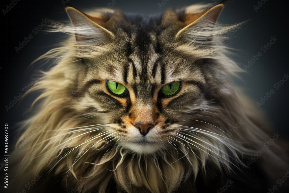 Big angry furry grey brown cat with green eyes and strips on black background. Wild nature concept