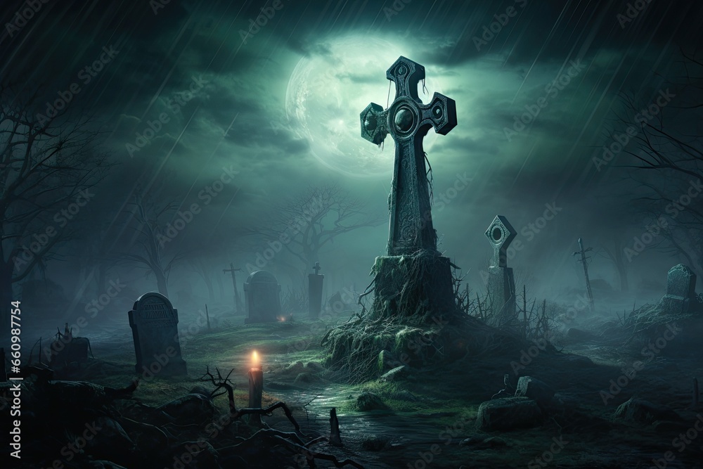 Fototapeta premium Spooky moonlit graveyard