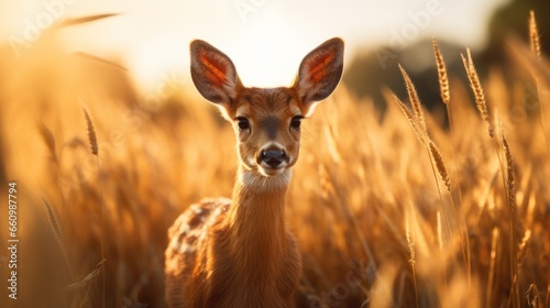 Young roe deer gazing intently in a sunlit golden field
