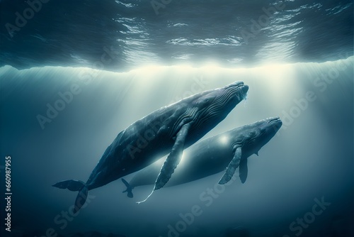 lifesize realistic detailed humpback whales drifting in the ocean whales are 15 meter long whales are out of focus in the foreground and background in the style of guillaume nery running music video  photo
