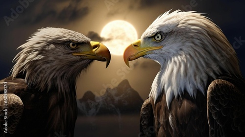AI generated illustration of two bald eagles perched side by side in a dramatic nighttime sky