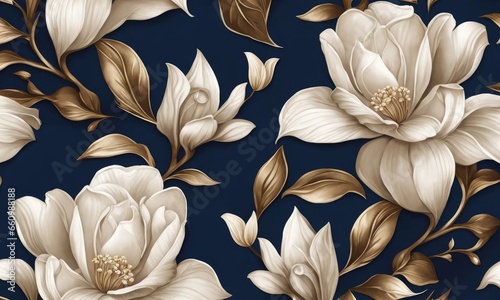 Premium wallpaper, mural art. Floral seamless pattern, magnolia flowers, tropical design in dark blue colors. Watercolor 3d illustration. Baroque style, digital paper. Modern background, Generative AI photo