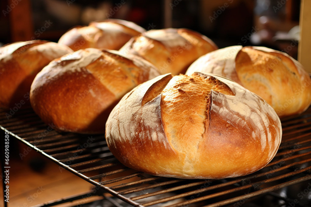Bread loaves on a bakery rack
