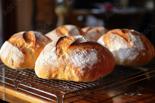 Bread loaves on a bakery rack 