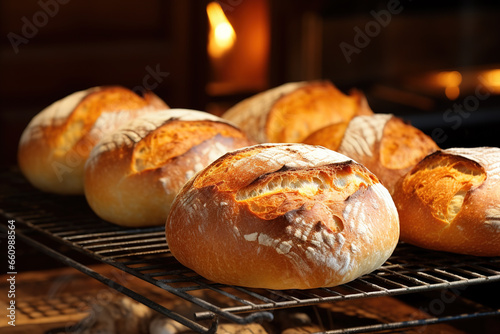 Bread loaves on a bakery rack 