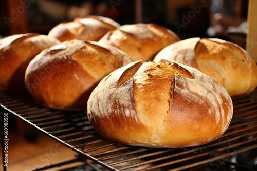 Bread loaves on a bakery rack 