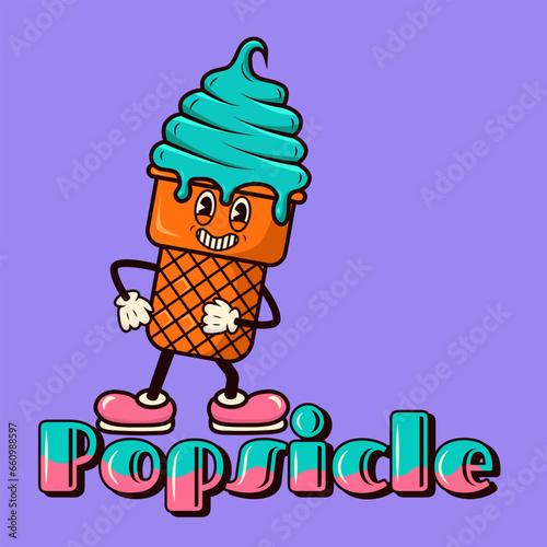 Groovy ice cream vintage cartoon. Retro ice cream mascot character in the groove style. Vector illustration