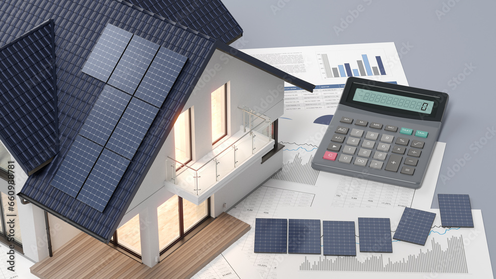 House with photovoltaic solar panel and calculator and documents - 3d illustration	
 - obrazy, fototapety, plakaty 