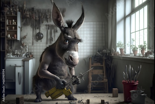 An anthropomorphic donkey using a hammer and nails elegant kitchen background ultra photoreal photographic concept art cinematic lighting cinematic composition rule of thirds cinematic lighting 