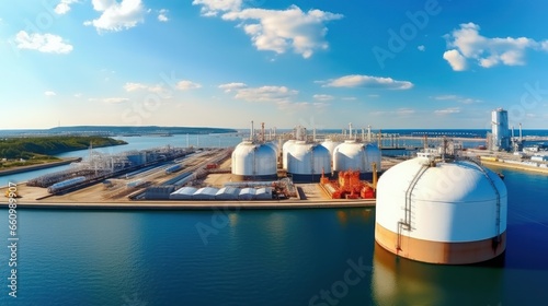 An expansive aerial view captured by a drone, offering an ultra-wide panoramic photograph with ample room for additional content. The image portrays an LNG (Liquified Natural Gas) photo