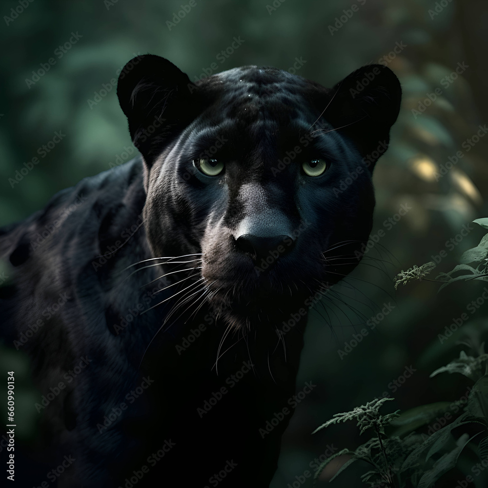 Portrait of a beautiful black panther in the dark forest.