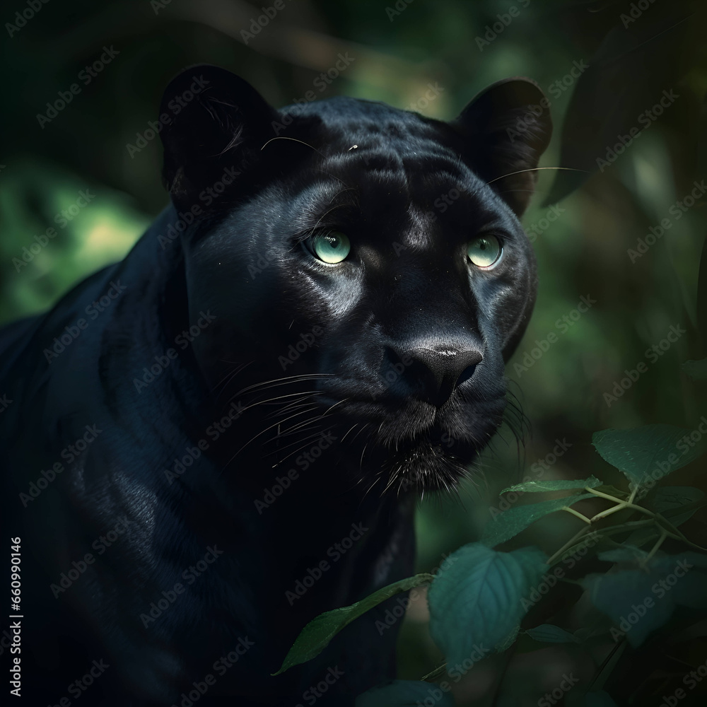 Black panther portrait with green eyes in the forest. Wildlife scene. Black panther portrait with green eyes in the forest. Wildlife scene.