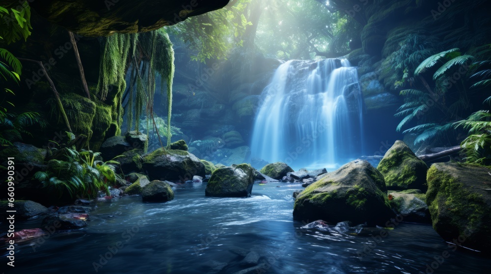 Photo of a majestic waterfall surrounded by lush greenery in a serene forest setting