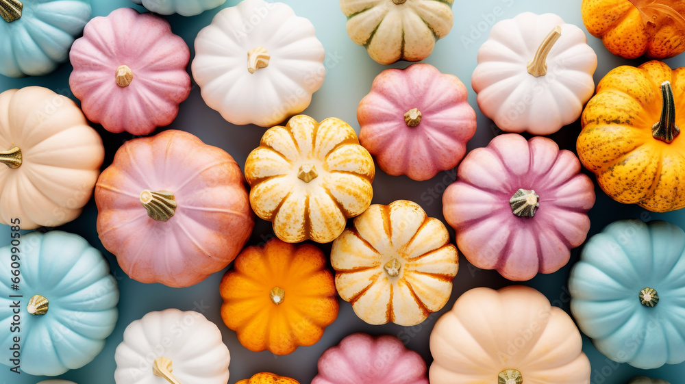 Pastel colored pumpkins and squashes