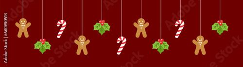 Merry Christmas Border Banner, Hanging Gingerbread Cookies and Mistletoe Garland. Winter Holiday Season Header Decoration. Festive Ornaments Web Template. Vector illustration.