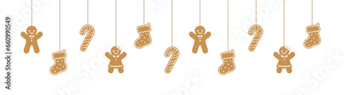 Merry Christmas Border Banner, Hanging Gingerbread Cookies Garland. Winter Holiday Season Header Decoration. Biscuits in Festive Shapes for web banner template. Vector illustration.