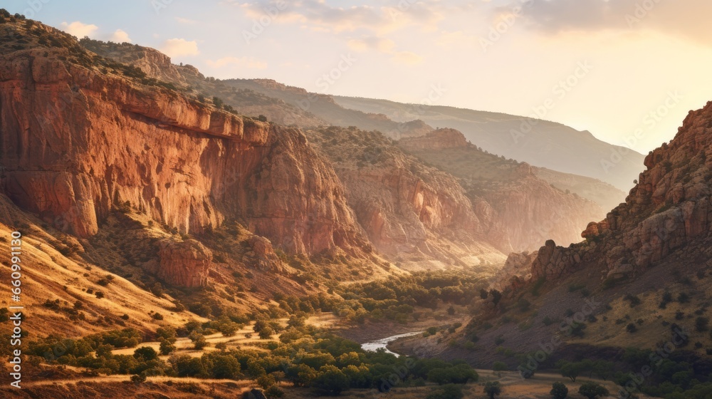 A summer vista of a breathtaking canyon, displaying a spectrum of colors as the sun sets over the rugged landscape. Natural beauty unfolds within the canyon