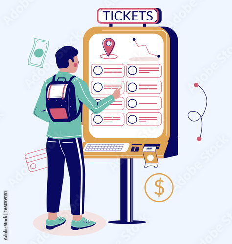 Self ordering service vector illustration with man buying ticket