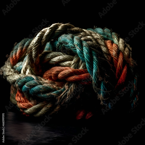 Multicolored rope on a black background. Close-up.