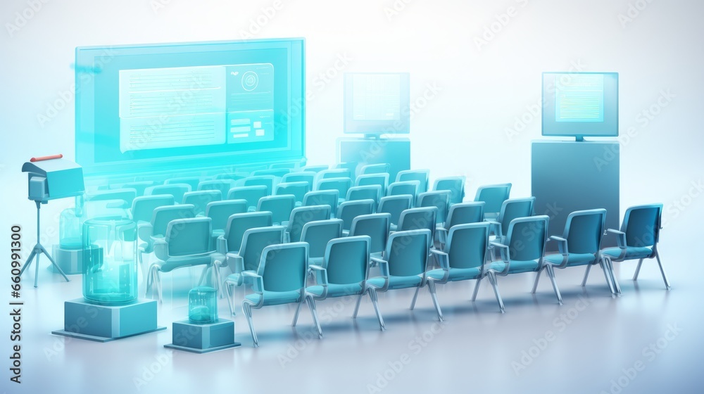 Fototapeta premium Photo of a conference room with blue chairs and a projector screen