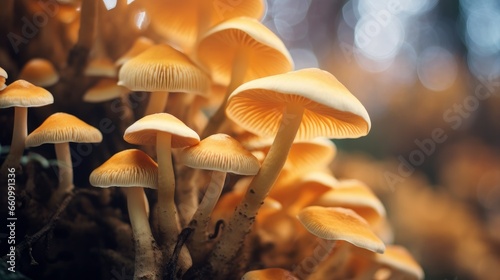 A close-up, full-frame shot of the textured background featuring a saffron milk cap mushroom thriving in its natural wild habitat