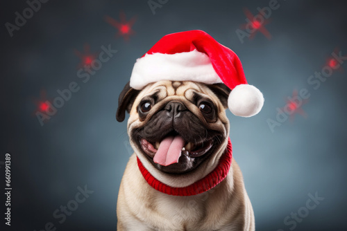 Festive French bulldog in red Christmas hat on a dark blue background. Winter holidays concept