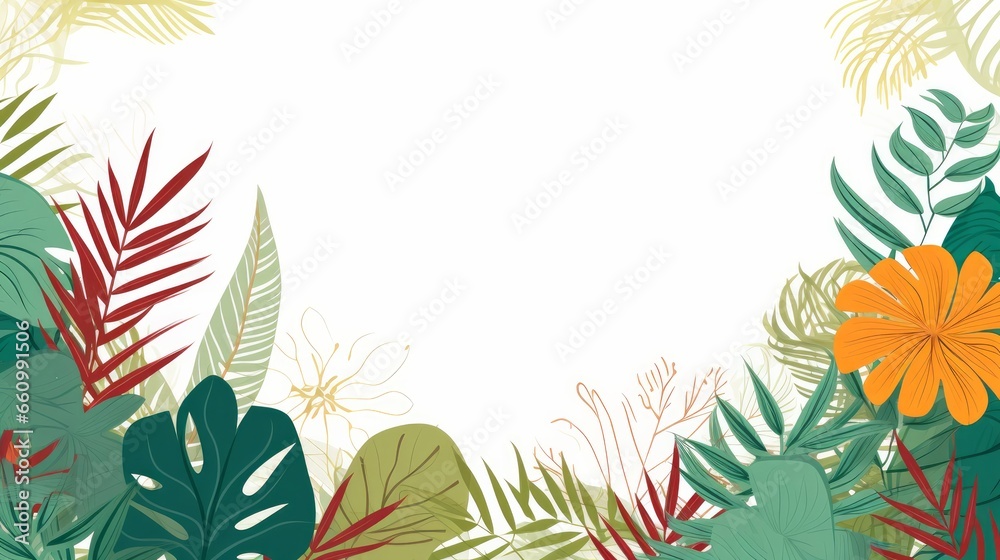 A web banner featuring vibrant, hand-drawn exotic leaves, designed to convey the beauty of nature. This modern composition showcases the essence of summer branches and is depicted in vector A web banner featuring vibrant, hand-drawn exotic leaves, designed to convey the beauty of nature. This modern composition showcases the essence of summer branches and is depicted in vector