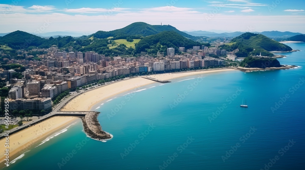 Aerial view of Donostia, a coastal city in the Basque Country, bathed in sunlight, with high-rise residential buildings overlooking the beautiful blue waters of the Bay of Biscay Aerial view of Donostia, a coastal city in the Basque Country, bathed in sunlight, with high-rise residential buildings overlooking the beautiful blue waters of the Bay of Biscay