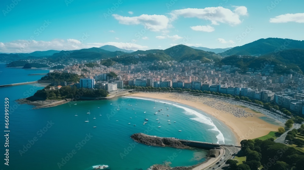 Aerial view of Donostia, a coastal city in the Basque Country, bathed in sunlight, with high-rise residential buildings overlooking the beautiful blue waters of the Bay of Biscay