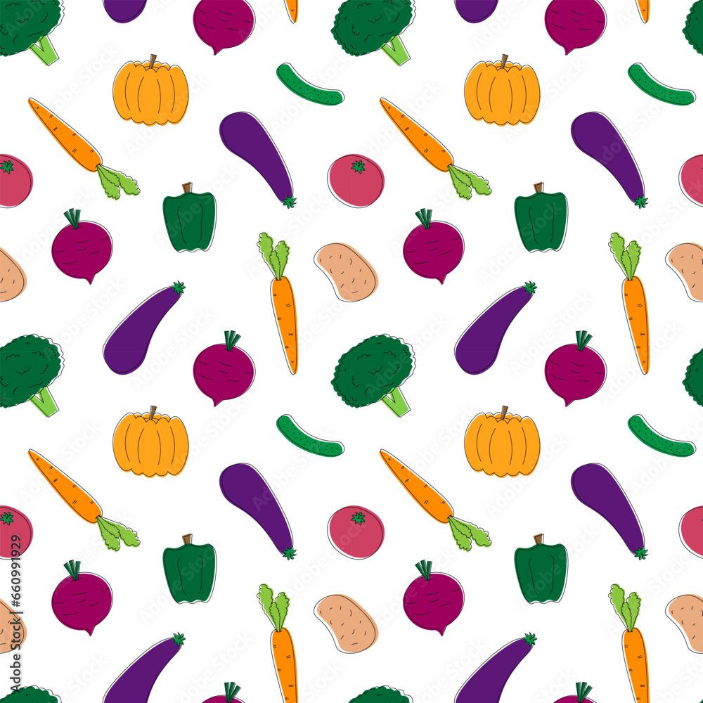 Autumn vegetables seamless pattern on white background. Vector flat cartoon illustration. Diet and healthy food. Autumn vegetables seamless pattern on white background. Vector flat cartoon illustration. Diet and healthy food.