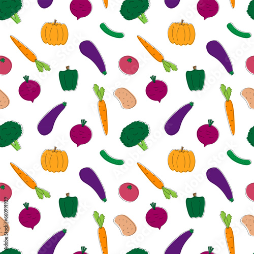Autumn vegetables seamless pattern on white background. Vector flat cartoon illustration. Diet and healthy food.