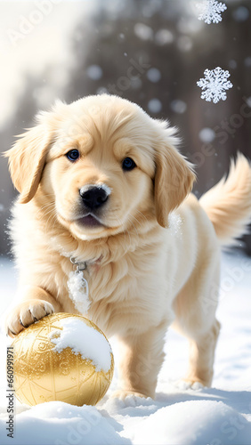 golden retriever puppy in snow