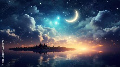 A Ramadan Kareem-themed backdrop featuring a crescent moon, stars, and luminous clouds over a tranquil sea. Elements of this image have been provided by NASA