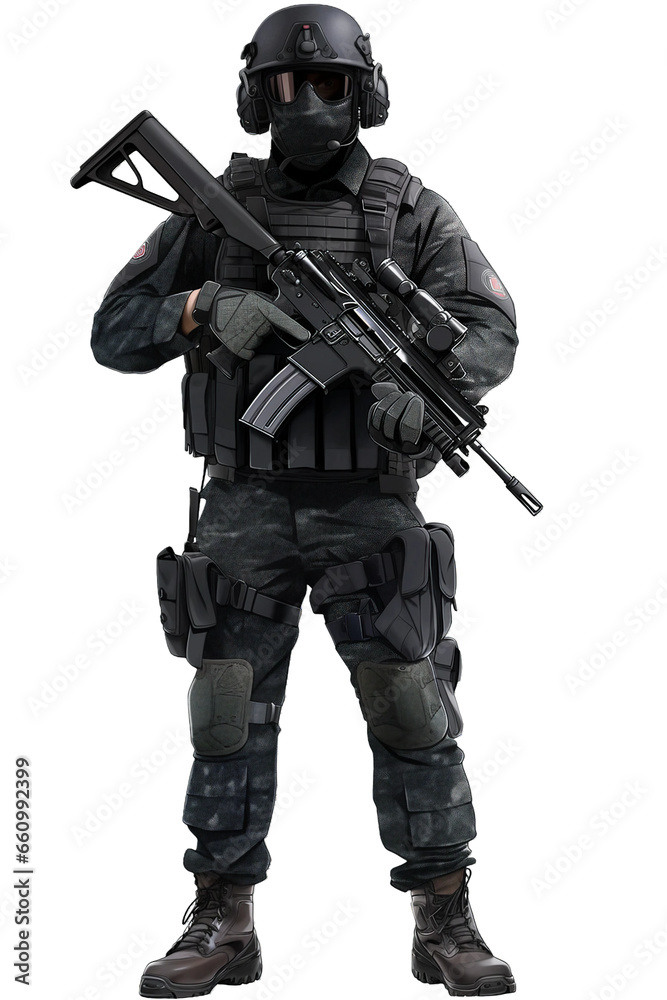 SWAT team member with a ballistic face mask
SWAT team member with a ballistic face mask