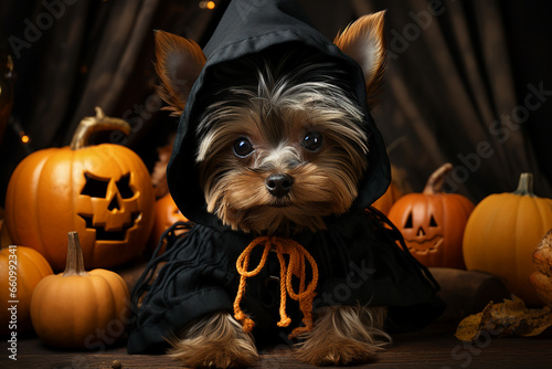 Generative AI image of funny happy dog celebrate halloween theme party in fantasy costume