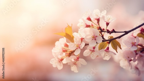 A backdrop of springtime blossoms, featuring a stunning natural landscape with a flowering tree and radiant sunlight. A bright and sunny day showcases the beauty of spring flowers in a delightful