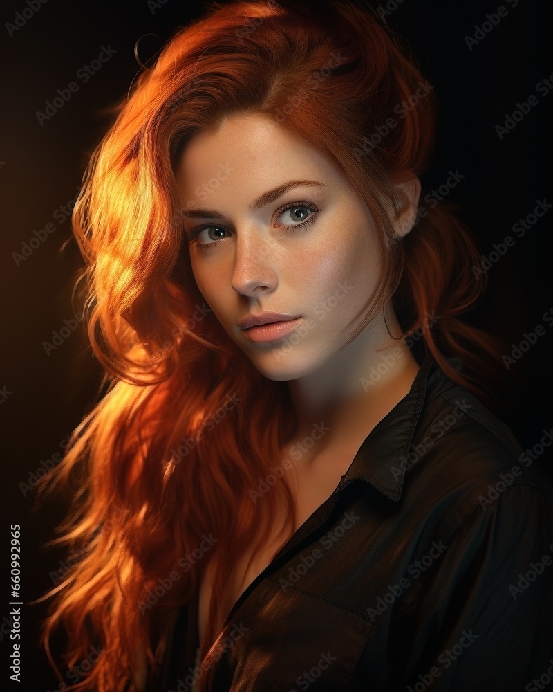 Portrait of redheaded woman with soft lighting, AI-generative