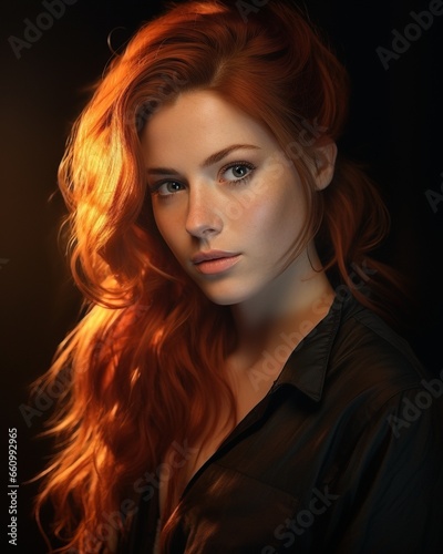 Portrait of redheaded woman with soft lighting, AI-generative