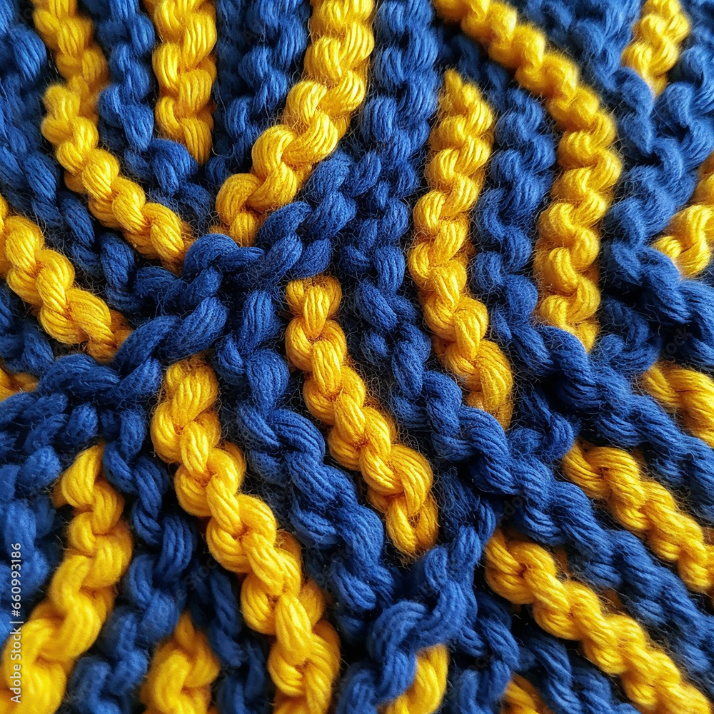 Colorful knitted yellow blue pattern Close-up 
