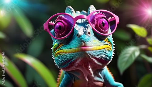 Chameleon With Sunglasses. Closeup of Colorful Chameleon Lizard. Deep Focus. Generative AI