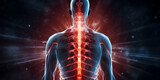 back, bones, skull, medical, body, spine, halloween, Women with back pain sports injury and fitness spine xray and anatomy with red overlay medical problem and health healthca, generartive  AI