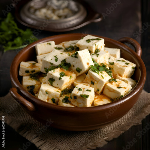 Feta cheese with parsley in a clay bowl on a dark background