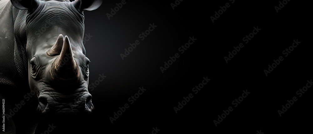 Front view of Rhinoceros on black background. Wild animals banner with copy space Front view of Rhinoceros on black background. Wild animals banner with copy space