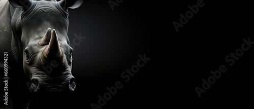 Front view of Rhinoceros on black background. Wild animals banner with copy space