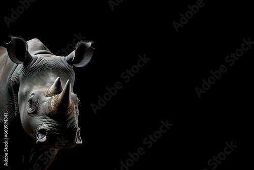 Front view of Rhinoceros on black background. Wild animals banner with copy space