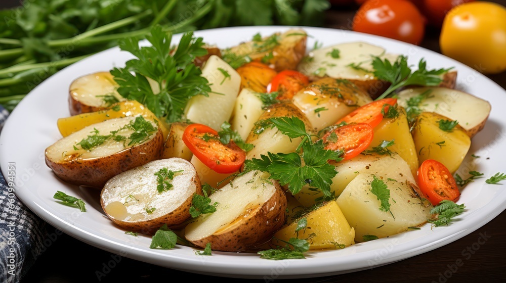 Boiled Potatoes and Fresh Veggies on a Plate. Generative AI Boiled Potatoes and Fresh Veggies on a Plate. Generative AI